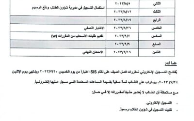 التقويم الجامعي لفصل الصيف من العام الدراسي2022/2023